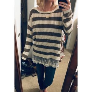 Knitted Brown and Cream Sweater with Lace Trim